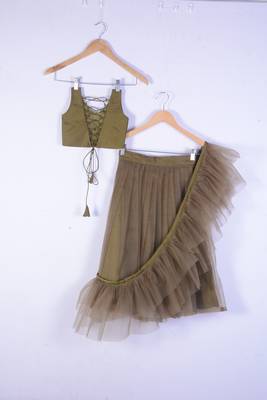 Dark golden satin with net full lenght wedding wear lahenga choli set for girl  2