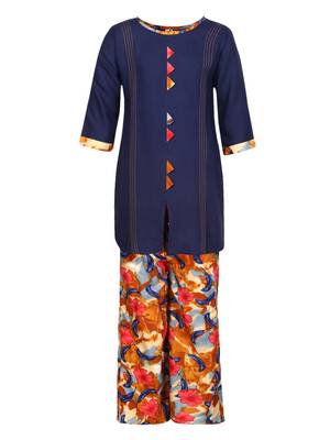 Blue Printed Cotton Kids Kurta Set 1