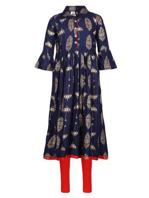 Blue Printed Cotton Kids Kurta Set 1