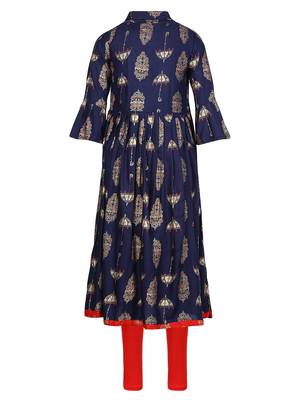 Blue Printed Cotton Kids Kurta Set 2