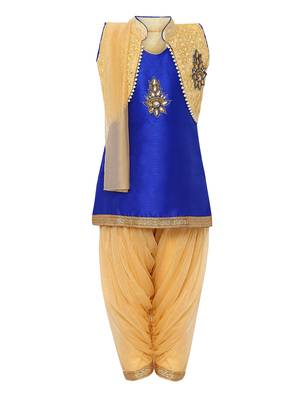 Blue Printed Silk Blend Kids Kurta Set 1
