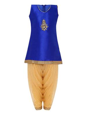 Blue Printed Silk Blend Kids Kurta Set 2