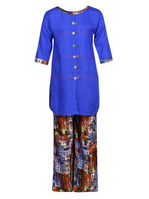 Blue Printed Cotton Kids Kurta Set 1