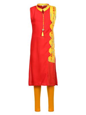 Red Printed Cotton Kids Kurta Set 1