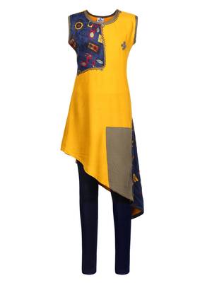 Yellow Printed Cotton Kids Kurta Set 1