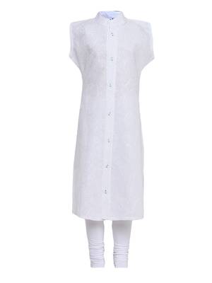 White Printed Cotton Kids Kurta Set 1