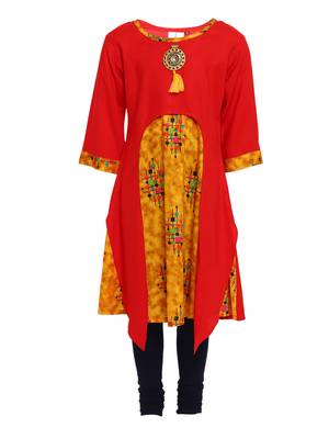Red Printed Cotton Kids Kurta Set 1