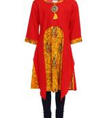 Red Printed Cotton Kids Kurta Set