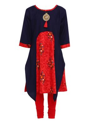 Blue Printed Cotton Kids Kurta Set 1