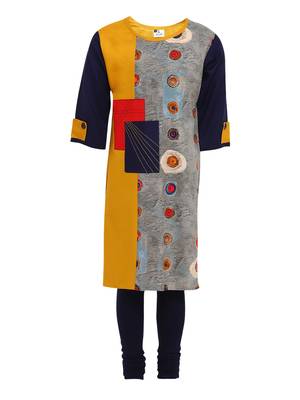 Grey Printed Cotton Kids Kurta Set 1