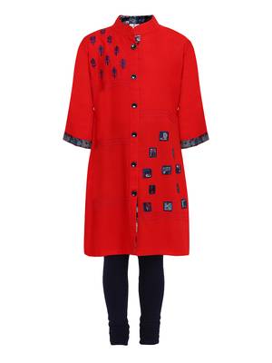 Red Printed Cotton Kids Kurta Set 1