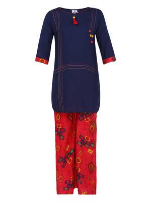 Blue Printed Cotton Kids Kurta Set 1
