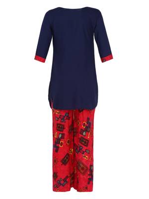 Blue Printed Cotton Kids Kurta Set 2