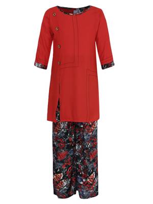 Red Printed Cotton Kids Kurta Set 1