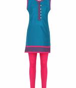 Blue Printed Cotton Kids Kurta Set