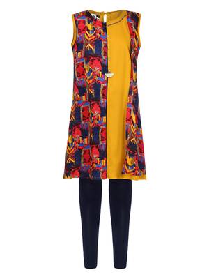 Yellow Printed Cotton Kids Kurta Set 1