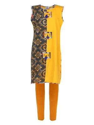 Yellow Printed Cotton Kids Kurta Set 1
