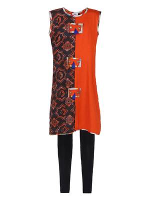 Orange Printed Cotton Kids Kurta Set 1