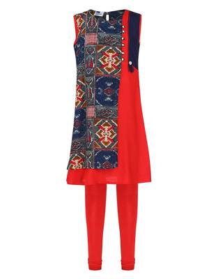 Red Printed Cotton Kids Kurta Set 1