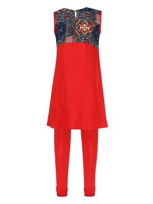 Red Printed Cotton Kids Kurta Set 2