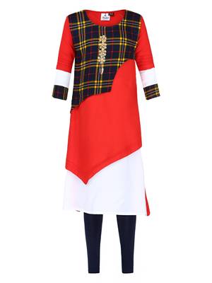 Red Printed Cotton Kids Kurta Set 1