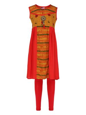 Orange Printed Cotton Kids Kurta Set 1