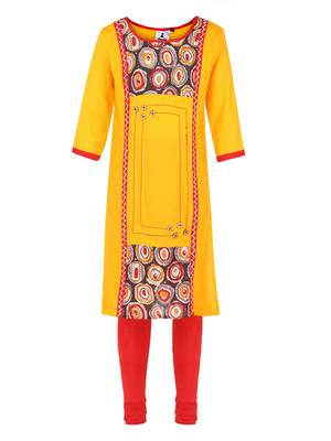 Yellow Printed Cotton Kids Kurta Set 1