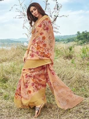 Orange printed linen saree with blouse 1