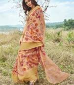 Orange printed linen saree with blouse