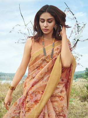 Orange printed linen saree with blouse 2