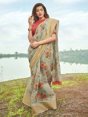 Grey printed linen saree with blouse 1