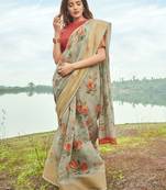 Grey printed linen saree with blouse