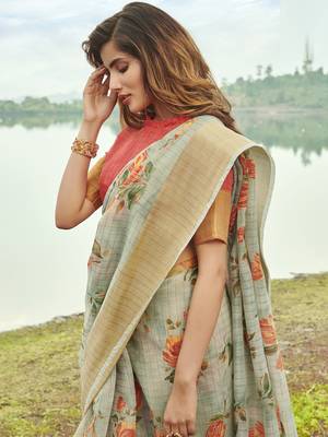 Grey printed linen saree with blouse 2