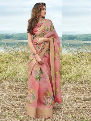 Pink printed linen saree with blouse 1