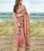 Pink printed linen saree with blouse