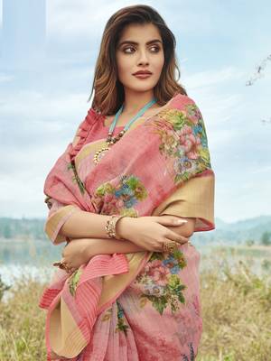 Pink printed linen saree with blouse 2