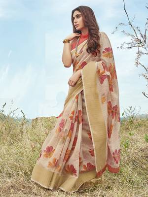 Beige printed linen saree with blouse 1
