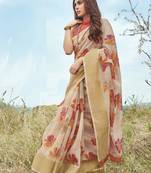 Beige printed linen saree with blouse