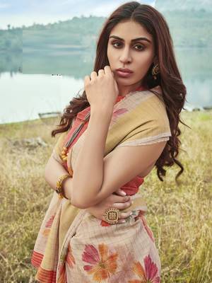 Beige printed linen saree with blouse 2