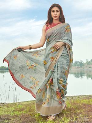 Sky blue printed linen saree with blouse 1