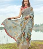 Sky blue printed linen saree with blouse
