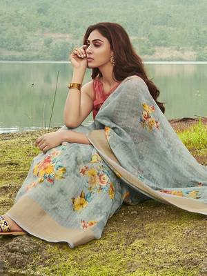 Sky blue printed linen saree with blouse 2