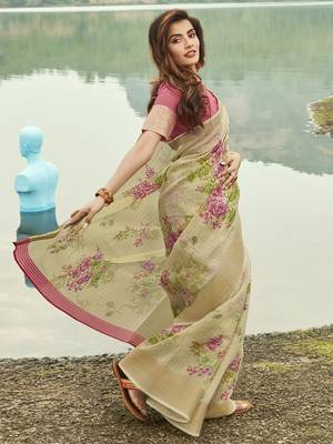 Beige printed linen saree with blouse 1