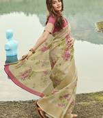 Beige printed linen saree with blouse