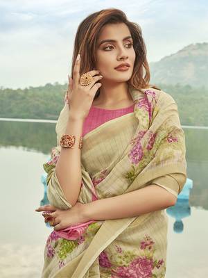 Beige printed linen saree with blouse 2