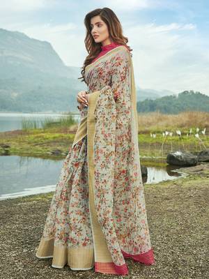 Grey printed linen saree with blouse 1