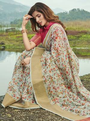 Grey printed linen saree with blouse 2