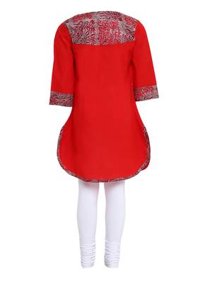 Red Printed Cotton Kids Kurta Set 2
