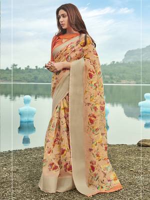 Orange printed linen saree with blouse 1