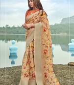 Orange printed linen saree with blouse